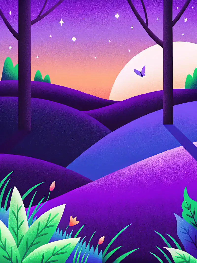 Illustration of purple hills under a night sky with a moon and butterfly