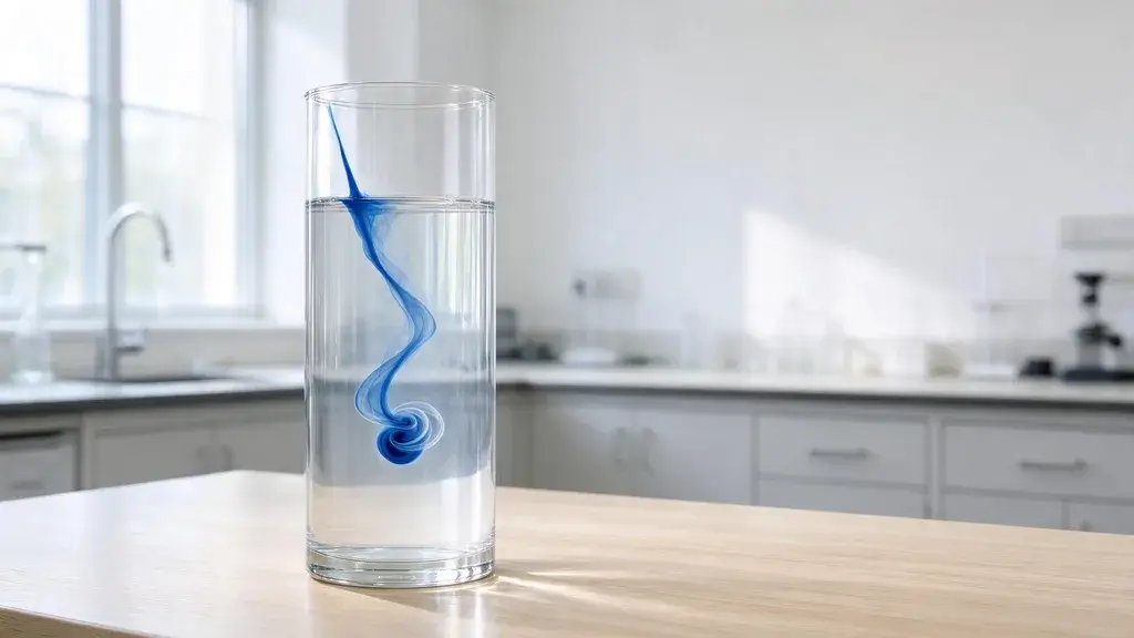 A clear glass cylinder of water on an oak lab bench, with a ribbon of blue dye spiralling down in a vortex