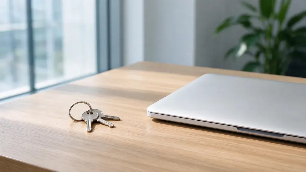 A ring of metal keys beside a closed laptop on a light oak desk in a bright office