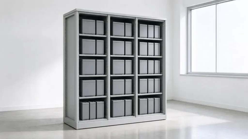 An open grey steel cabinet with rows of plain backup drives in a bright, clean storage room