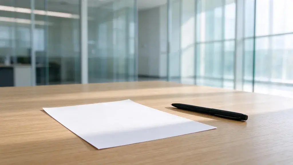 A blank sheet of paper and a closed pen on a light oak desk in a bright office