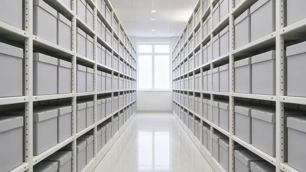 Neat rows of plain grey archive boxes on white shelving in a bright records room