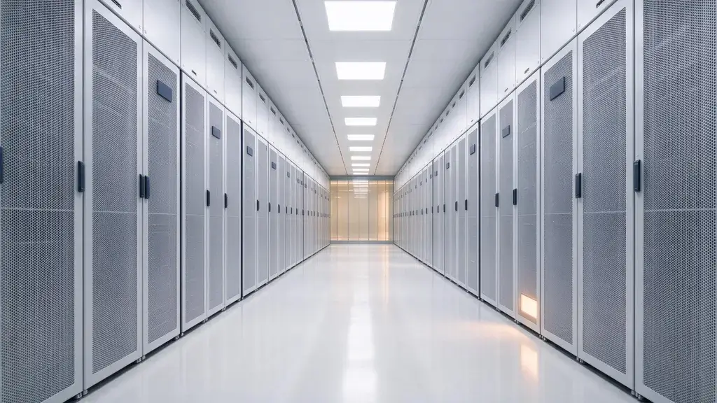 A long, bright data centre aisle lined with light grey server cabinets