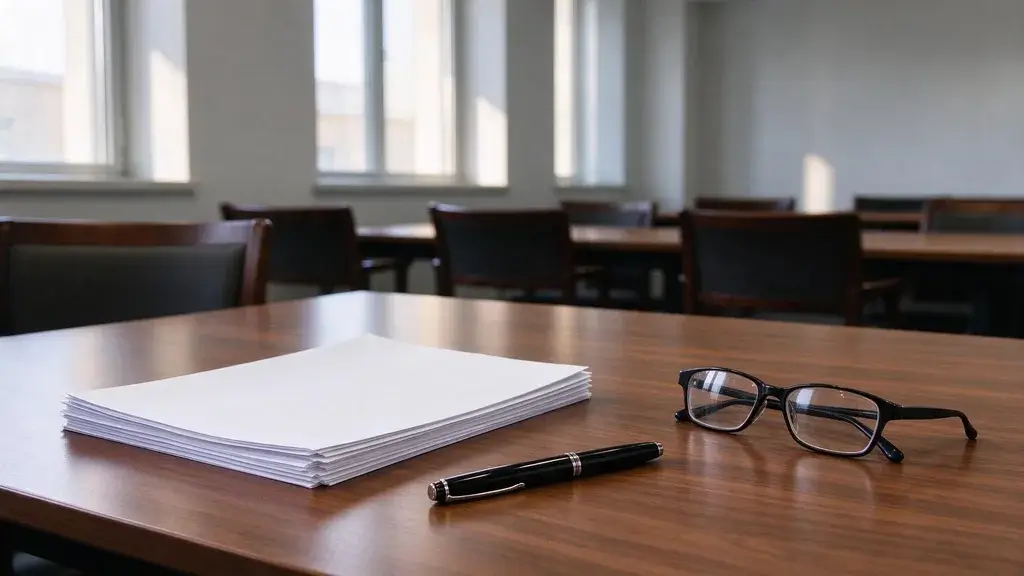 Printed pages lying face down on a walnut table with reading glasses and a pen in a bright seminar room
