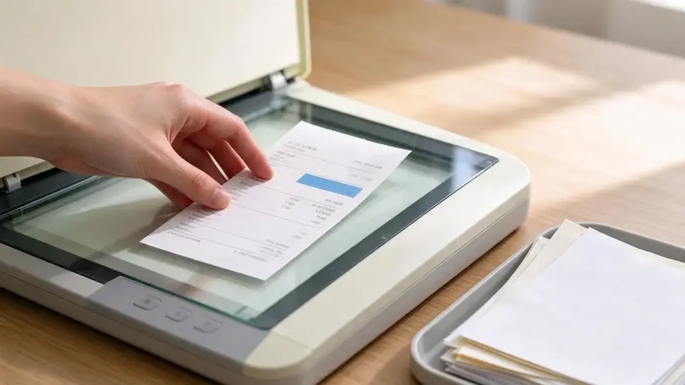 Hand placing an invoice on a document scanner