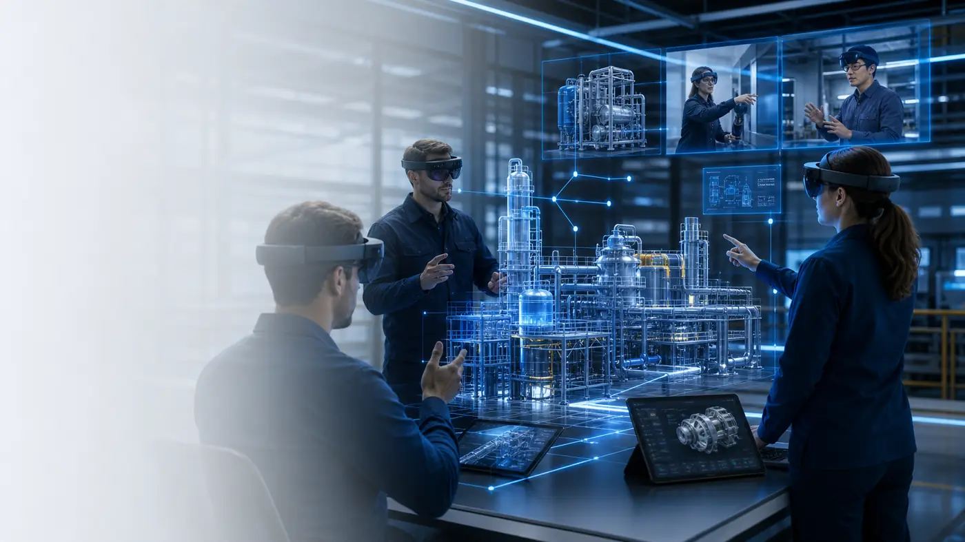Engineers using XR to inspect an industrial digital twin